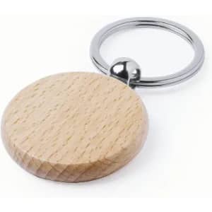A wooden keyring with a circular disc attached to a metal ring. The wood has a light, natural finish.