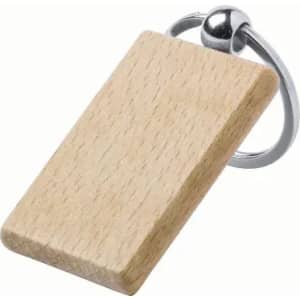 A wooden keyring with a rectangular, natural finish and a metal ring attachment.