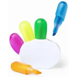 A set of highlighters in pink, yellow, green, blue, and orange, arranged in a hand shape with a white base.