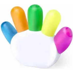 A colourful hand-shaped drink bottle featuring pink, yellow, green, orange, and blue sections with a white base.