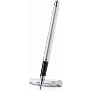 A silver pen with a black tip, held upright beside its cap.