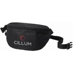 A black pouch with a zipper and an adjustable strap, featuring a logo on the front.