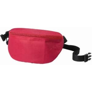 A red waist bag with a zippered compartment and an adjustable strap. It features a simple, sleek design.