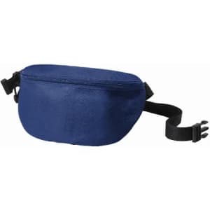 A navy blue waist bag with a zip closure and an adjustable strap. It features a small logo.