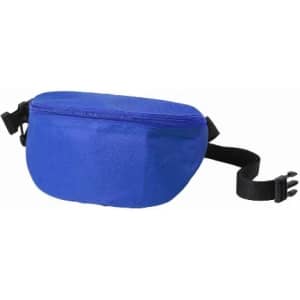 A blue waist bag with a zippered closure and an adjustable strap. It features a logo on the front.