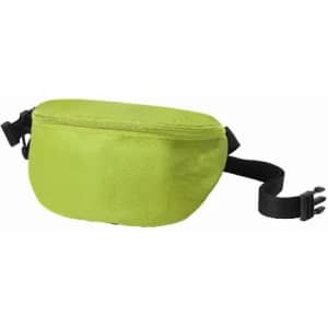 A green waist bag with a zip closure and an adjustable strap. It features a simple design and a logo.