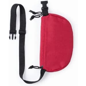 A red pouch with a zip, featuring a black adjustable strap and clips for attachment.