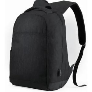 A black backpack with a sleek design and adjustable straps, featuring a side pocket and a logo.