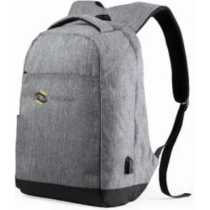 A grey backpack with a logo, featuring a sleek design and adjustable straps.