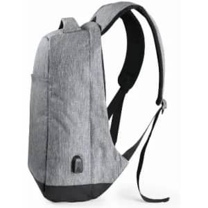 A grey backpack featuring a sleek design, adjustable straps, and a side pocket. It includes branding on the front.
