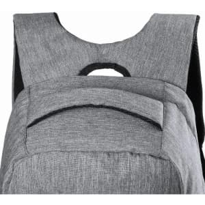 A grey backpack featuring a padded back and a top handle for carrying. It has a textured fabric design.