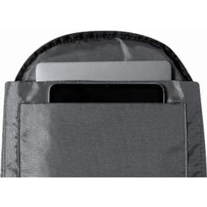 A grey padded sleeve with a laptop and tablet partially visible inside. The sleeve has a rounded top.