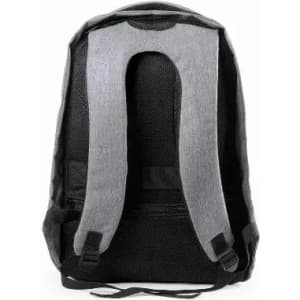 A grey and black backpack featuring padded straps and a textured exterior. The interior is accessible through a zip.