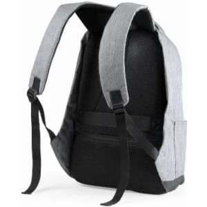 A grey and black backpack featuring padded straps and a mesh design. It includes side pockets and a logo.