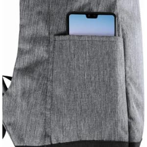 A grey backpack with a smartphone partially tucked into a front pocket, showcasing the textured fabric.