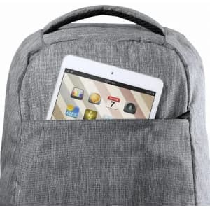 A grey backpack with a tablet securely placed in the front pocket. The fabric has a textured appearance.