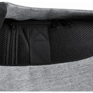 A grey promotional product featuring a textured mesh pocket and zippers, with a small logo visible.