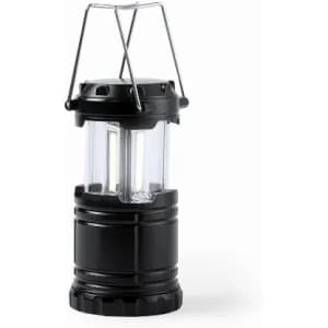 A portable black lantern with a transparent casing, featuring a hanging handle and dual light sources.