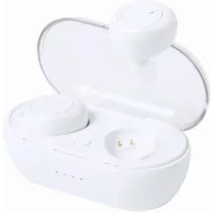 A set of white wireless earbuds in a charging case, with the case slightly open and earbuds visible.