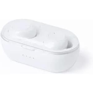 A white charging case with two wireless earbuds inside, featuring a sleek, rounded design.