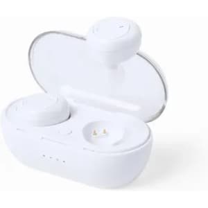 A pair of white wireless earbuds in a charging case, featuring a sleek design and a transparent lid.