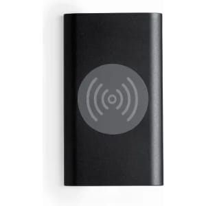 A sleek black power bank featuring a wireless charging symbol on the front, with a minimalist design.