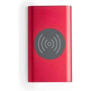A drink bottle in a sleek red finish with a grey circular design on the front, featuring a logo.