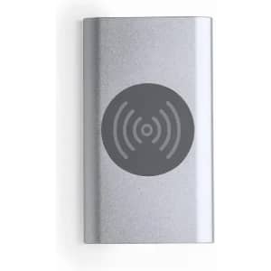 A silver drink bottle with a circular logo featuring wireless signal lines on the front.