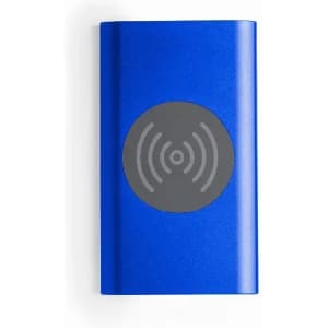 A drink bottle in vibrant blue with a grey circular design on the front, featuring a branding logo.