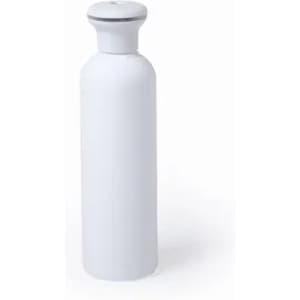 A drink bottle in a sleek, white design with a round cap and a minimalist appearance. It features a logo.
