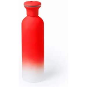 A drink bottle in a gradient design, featuring bold red at the top fading to white at the bottom. It has a logo on the side.
