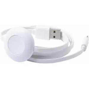 A white charging cable with a USB connector and a circular attachment. It has a simple design and no visible branding.