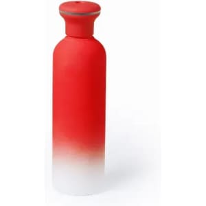 A drink bottle in a gradient of red to white with a sleek, minimalist design and a logo on the side.