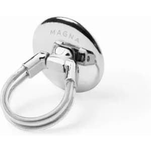 A metallic magnet with a circular base and a sturdy ring handle, featuring a logo on its surface.