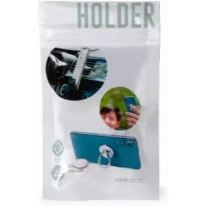 A packaging of a phone holder featuring images of the product in use. The holder is silver and blue in colour.