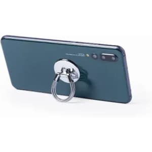A smartphone with a green back and a silver ring holder attached. The device features a camera on one side.