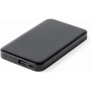 A slim black power bank with multiple ports and an indicator display. It has a sleek, modern design.