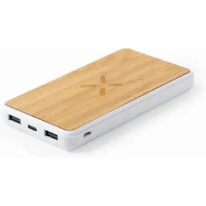 A power bank with a bamboo top and a white base, featuring multiple USB ports.