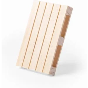 A wooden pallet with a light, natural finish featuring slats and cut-out handles on the sides.