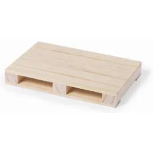 A wooden pallet in a natural finish, featuring slats and cut-out handles on the sides.