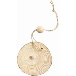 A wooden disc with natural wood grain, attached to a string with a bead at one end.