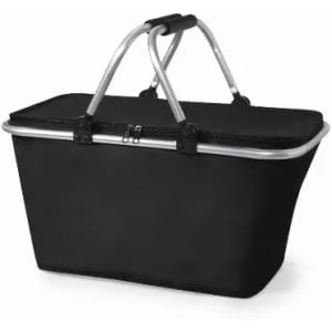 A black insulated picnic basket with silver handles and a zippered top, featuring a sturdy frame.