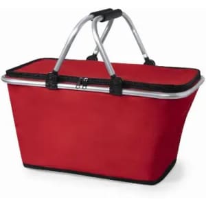 A red picnic basket with a silver handle and zipper closure, featuring a sturdy design.