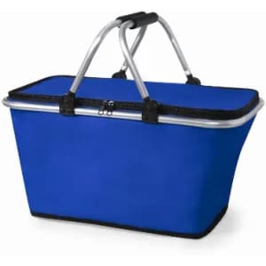 A blue shopping basket with a metal frame and fabric cover, featuring two handles for carrying.