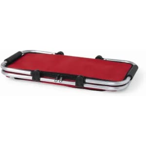 A foldable transport stretcher in red with a silver frame and black handles, featuring a compact design.