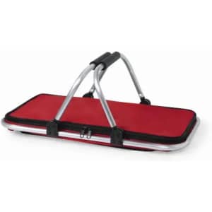 A red storage bag with a silver handle and zippers, featuring a sleek rectangular design.