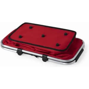 A red product with a black trim, featuring multiple buttons on the top and an aluminium frame underneath.