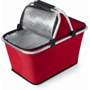 A red insulated cooler bag with a silver reflective lining and metal handles.