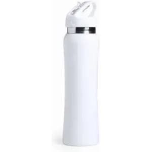 A drink bottle in white with a sleek design and a silver band. It features a lid with a flip-top opening and a logo.