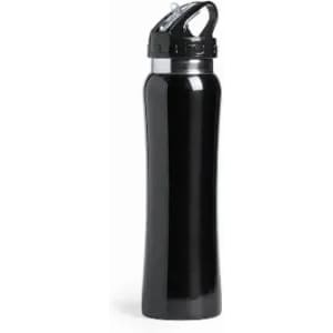 A sleek black drink bottle with a secure lid and a built-in handle, featuring a logo on the side.